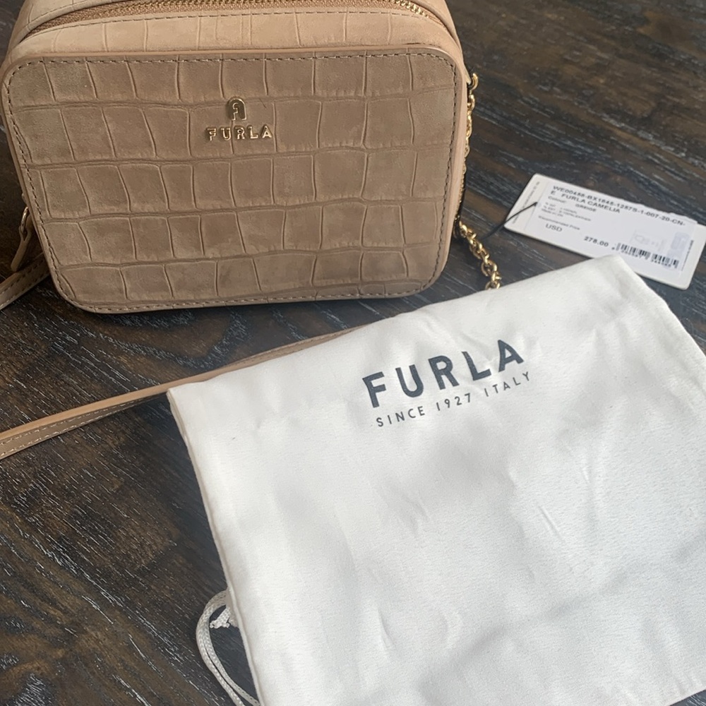 Furla Camelia Greige Suede Mini Crossbody New With Tags - Picture 9 of 10